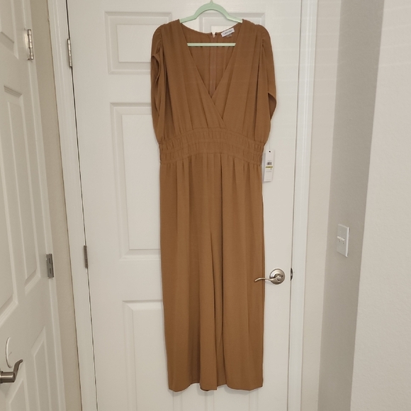 Calvin Klein Pants - Calvin Klein Taupe V-Neck Long Sleeve Wide-Leg Jumpsuit